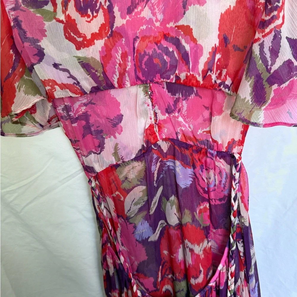 MISA Los Angeles Floral Chiffon Midi Dress Boho Pink Purple Button Front L - Picture 6 of 10
